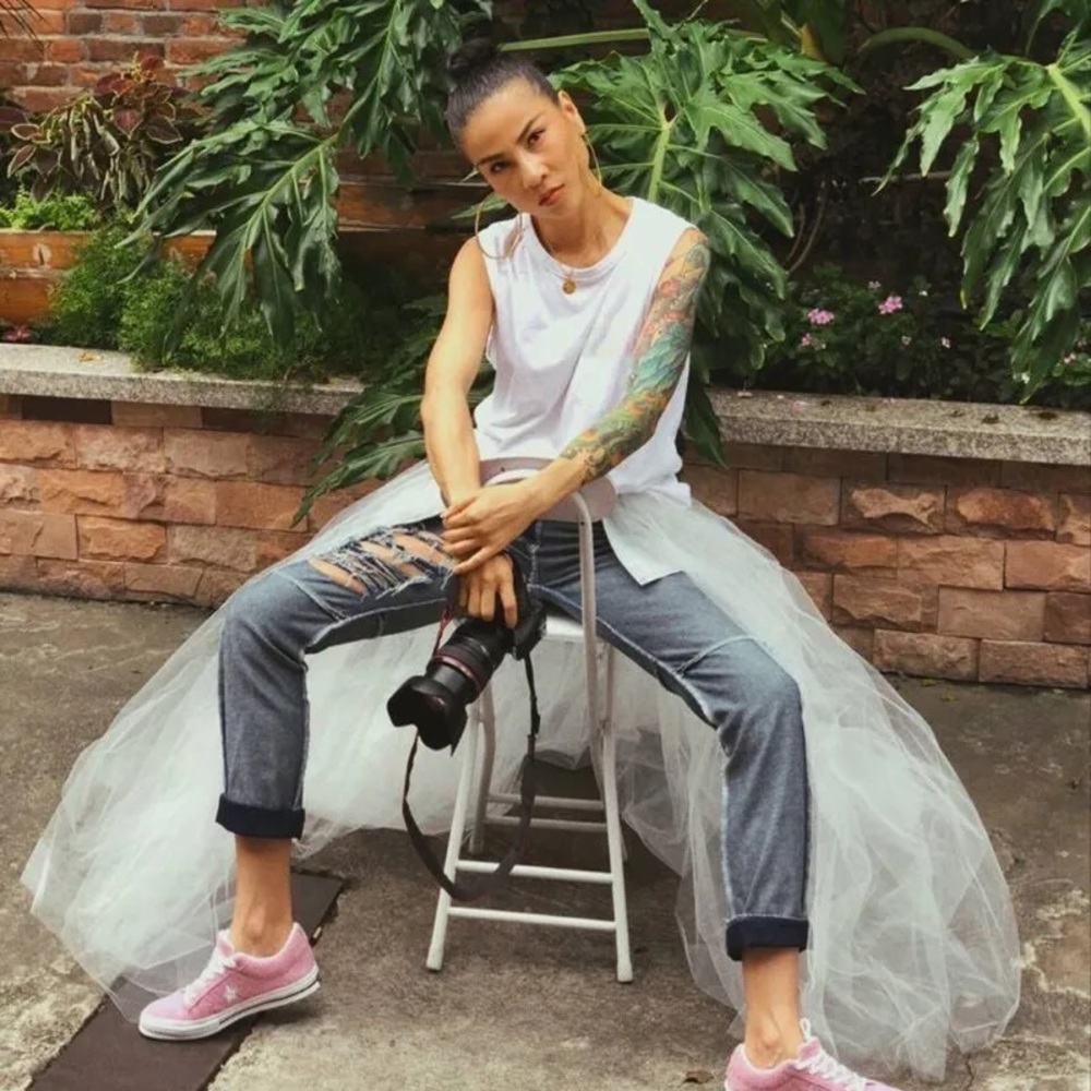 Patchwork Mesh Denim Ripped High Waist Vintage Jeans with Tulle Overlay Skirt